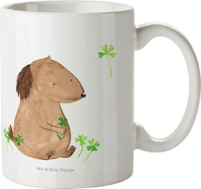 Produktbild von Mr. & Mrs. Panda Kaffeebecher Hund Kleeblatt - Weiß - Geschenk, Viel Glück, Glücksbringer, Süß, Teetasse, Sprüche, Keramiktasse, Becher, kaffeetasse keramik, Tasse