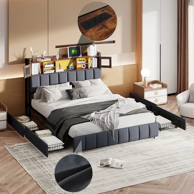 Image de CDGlobal Lit rembourré 140x200cm avec USB et prises de courant, lit double pour adolescents avec 4 tiroirs, lit de rangement en bois massif avec LED et sommier à lattes, lin, noir
