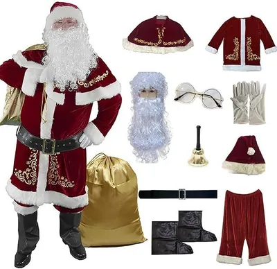 Immagine prodotto di Costume da Babbo Natale 12 pezzi Set di costumi da Babbo Natale per adulti, con cintura mantello Babbo Natale-Copriscarpe-Beard-Gloves e altro, L