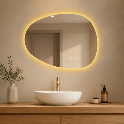Imagen del producto de Espejo de baño iluminado S'AFIELINA, 60x45 cm, con tecnología LED, interruptor táctil, espejo de pared con 3 colores de luz y función de atenuación, antiniebla y memoria