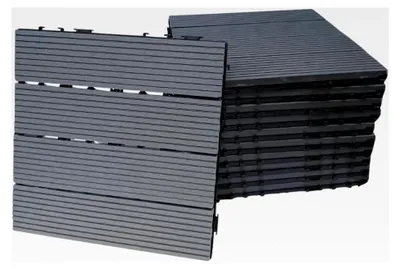 Produktbild von WPC-Bodenfliesen für den Außenbereich, zum Stecken, für Terrasse, Balkon, Garten, Pool, Holzoptik, rutschfest, PVC-Unterseite (grau, 11 Stück)