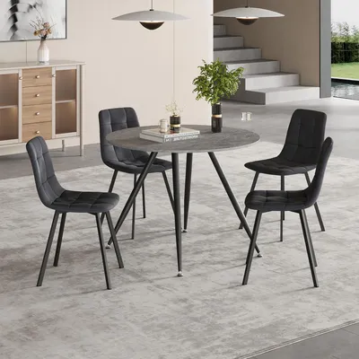 Immagine prodotto di Set da pranzo 'Fitjar' Tavolo da pranzo da 5 pezzi con 4 sedie 75 x Ø100 cm Piano tavolo rotondo effetto cemento/grigio scuro