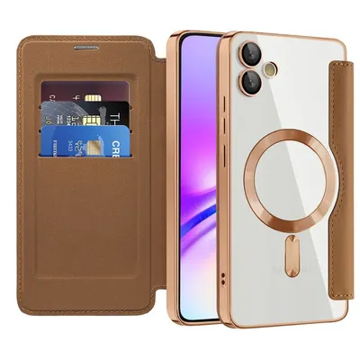 Image de Etui pour Samsung Galaxy A05 compatible avec MagSafe, étui transparent avec porte-cartes, étui en cuir avec protection de l'appareil photo Marron