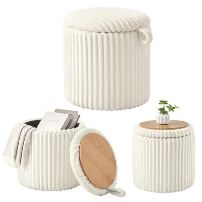 Produktbild von Yaheetech runder Hocker mit 35L Stauraum, Cordstoff, ∅43 x 45 cm, mit wendbarem 2-in-1-Deckel, bis 136 kg, Beige