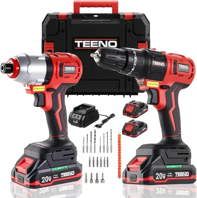 Produktbild von TEENO Akku Werkzeug Set 20V, Schlagbohrmaschine 0-1450RPM & Schlagschrauber 0-3300RPM, Brushless Motor, 2-Stufige Geschwindigkeit, 2 x 1,5-A-Batterien