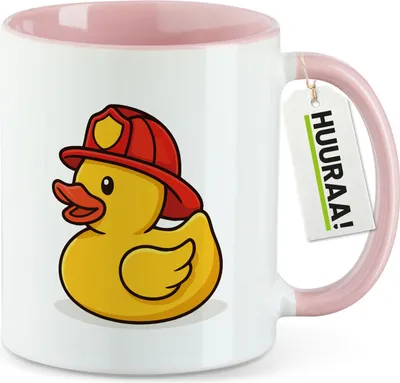Produktbild von Huuraa Kaffeetasse Quietscheente Feuerwehr Comic Gummiente 330ml Rosa Keramik Kaffeebecher Geschenkidee
