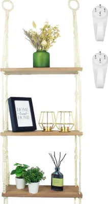 Produktbild von Hängerei aus Holz, Macramé-Hängerei mit Haken, ohne Bohren, als Boho-Wanddekoration für Wohnzimmer, schwebender Regal, Pflanzenregal, Bücherregal oder Badkamer-Organizer