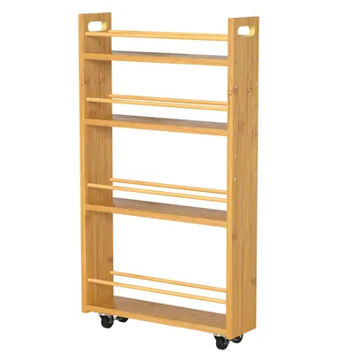 A narrow bamboo shelving unit with wheels.