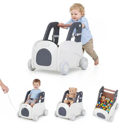 Productafbeelding van COSTWAY Loopwagen voor baby's, loopondersteuning voor baby's van 18-36 maanden, loopwagen met handgreep, trekkoord, inklapbare zitting, veiligheidsgordel en speelgoedbak op wielen