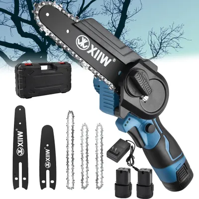 A mini chainsaw and its accessories are displayed against a blurred background of tree branches.