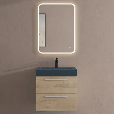 Image de doporro Meuble de Salle de Bains Chêne Claire Ensemble de 3 Pièces Meuble Suspendu avec Lavabo 60 cm et Miroir LED Design Quadratto