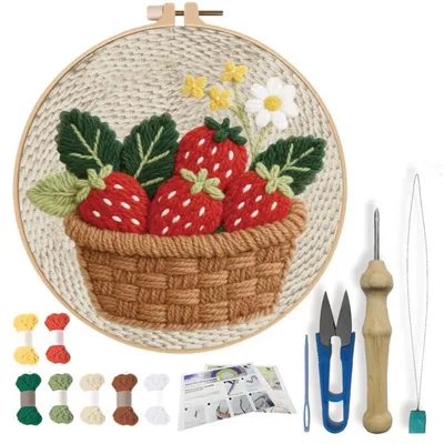 Produktbild von Punch Needle Set Erdbeerkorb für Anfänger mit Reifen und Anleitung 20cm rot
