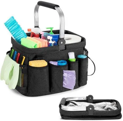 Productafbeelding van Draagbare reinigingszak met handvat, reinigingszak met meerdere vakken voor schoonmaakbenodigdheden, opslag van producten, huishoudsters, autoreiniging (zwart)