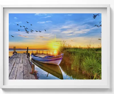 Produktbild von Blick auf den See und Sonnenuntergang– Wandbild mit Rahmen – Gerahmtes Bild  – Wanddekoration – 80x60 cm –  Weiß Rahmen