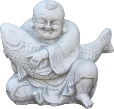 Produktbild von Schöner Buddha mit Koi aus Steinguss perfekt für den Garten die Terrasse oder den Vorgarten ist Frostfest Witterungsbeständig und Neu 33cm H, PO-747