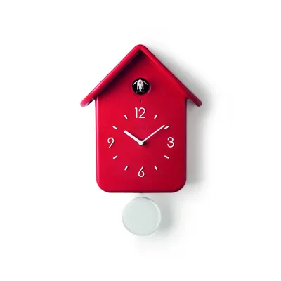 A red cuckoo clock with a pendulum against a white background.