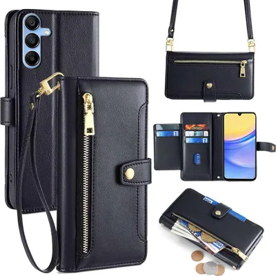 Produktbild von Handykette Samsung Hülle mit Band Handyhülle Kartenfächer Kunstleder Umhängetasche Galaxy A15 Schwarz