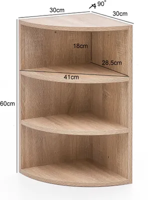 A corner shelf unit with dimensions indicated.