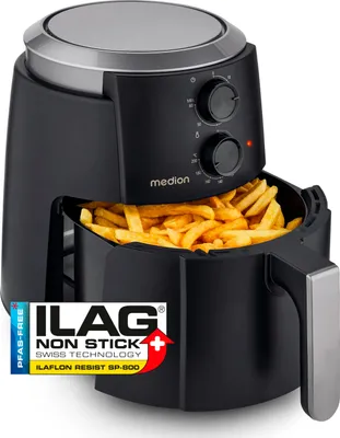 A black air fryer filled with french fries, with a logo and text overlay on the front.