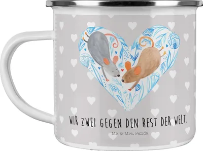 Produktbild von Mr. & Mrs. Panda Teetasse Mäuse Herz - Grau Pastell - Geschenk, Liebesspruch, Kaffeepott, Freundin, Liebe, Hochzeit, Pott, Emaille Tasse, Maus, Teebecher, becher, Love
