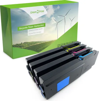 A box of Green2Print recycled toner cartridges is shown next to the cartridges themselves.