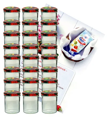 A set of glass jars with decorative lids, along with a packet of jelly powder and a recipe booklet, arranged on a white background with a subtle diagonal pattern.