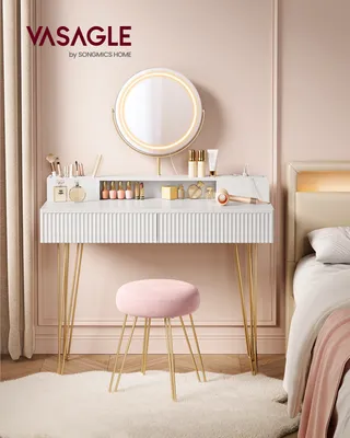 Produktbild von VASAGLE Schminktisch mit Hocker und Beleuchtung, Steckdosenleiste, Spiegel, Frisiertisch, 40 x 100 x 134,8 cm, Kosmetiktisch mit Schubladen