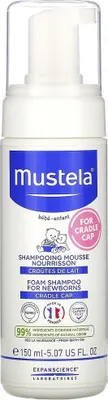Produktbild von Mustela Schaum-Pflegeshampoo 150 ml für Neugeborene & Kinder, milde & feuchtigkeitsspendende Formel, reinigt sanft die empfindliche Kopfhaut, schützt Babyhaut, frei von Parabenen, Phthalaten & Phenoxyethanol, zarter Duft.