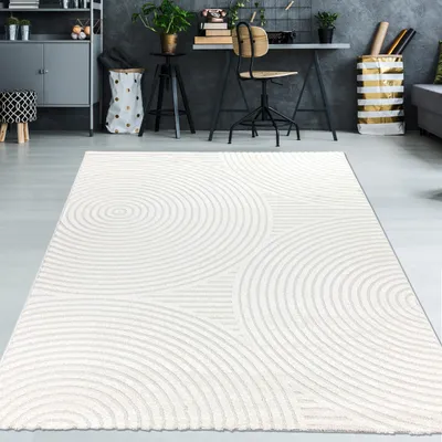 Immagine prodotto di Elegante tappeto da salotto con motivo geometrico a cerchi, color crema - Dimensioni: 140 x 200 cm