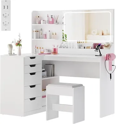 Productafbeelding van Make-uptafel met LED-verlichting, spiegel en stopcontact, 5 lades, 3 kleuren met instelbare helderheid, make-uptafel, hoekmake-uptafel, föhnsteun, 120x65x136cm, wit