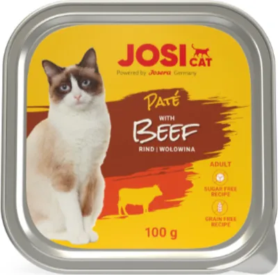 Produktbild von Josera JosiCat Pate Beef - Nassfutter für ausgewachsene Katzen in Form von Rinderpastete, 10 Schalen à 100g