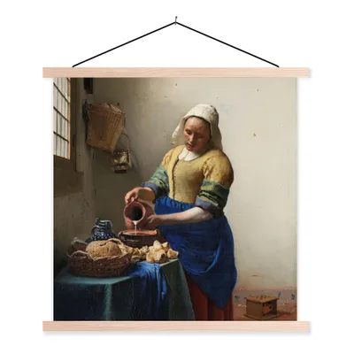 Produktbild von MuchoWow® Textilposter Das Milchmädchen - Gemälde von Johannes Vermeer 60x60 cm mit holzfarbenen Rahmen - Wanddekoration