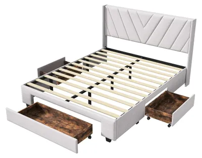 Obrázek produktu pro Postel s úložným prostorem - čalouněná dvoulůžko - 140×200 cm - 3 zásuvky - rošt - vysoké čelo - lněná potahová látka, nosnost 250 kg - béžová