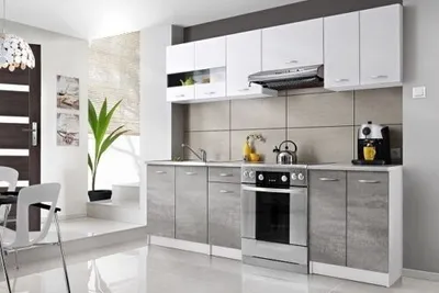 A modern kitchen setting with white and gray cabinets, a stainless steel oven, and a sink.