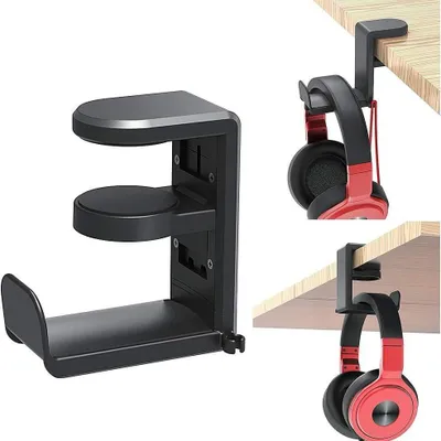 Produktbild von Tischklemmen-Kopfhörerhalter, 360° drehbar, Headset Halterung, Kunststoff Metall, einfache Montage, Schwarz
