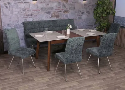 Obrázek produktu pro Jídelní set HWC-G55, sada 4 židlí + lavice 180 cm, broušená nerezová ocel tkanina/textilní šenil  modrozelená barva
