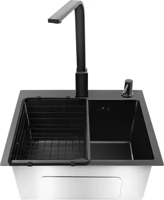 Immagine prodotto di Lavello da cucina a incasso – 201 acciaio inossidabile, vasca singola – Miscelatore integrato – Con dispenser per sapone – Due fori – Rivestimento nanotecnologico – Da incasso – Nero