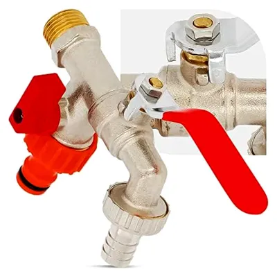 Produktbild von Doppelter Gartenwasserhahn mit Dichtungsmutter 1/2 IG x 3/4 AG Schlauchanschluss 3/4 AG x Steckanschluss 1/2 und Schnellanschluss 3/4 IG x Schnellverbinder 1/2 | Außenwasserhahn