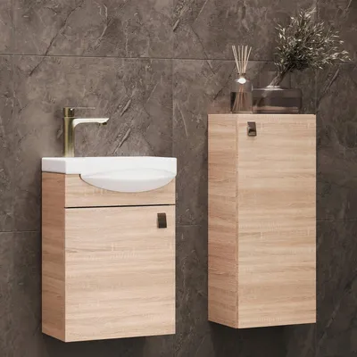Produktbild von Badmöbel Set Waschtisch mit Unterschrank 40 x 60 x 29 cm mit Midischrank 32 x 75 x 23 cm für Badezimmer, Gäste WC & Bad, Sonoma Eiche