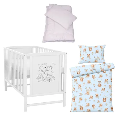 Produktbild von Baby-Delux Babybett Kinderbett Gitterbett Mia weiß 120x60 Matratze Bettset 4-Tlg. Teddy Blau