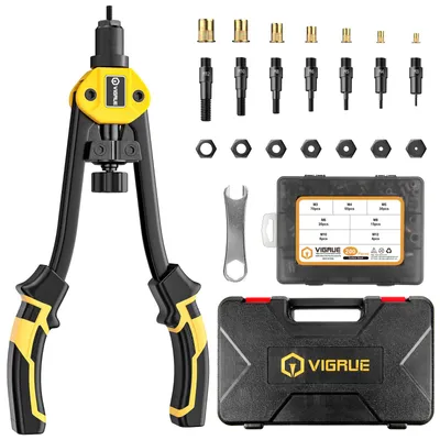 Immagine prodotto di VIGRUE Pinza per dadi rivettati Set di dadi rivettati | Set di 200 boccole filettate | UNIVERSALE, adatto per pinze rivettatrici | 7 mandrini rivettatori intercambiabili e borsa per il trasporto Mandrini con filettatura M3 M4 M5 M6 M8 M10 M12 Dadi rivettati