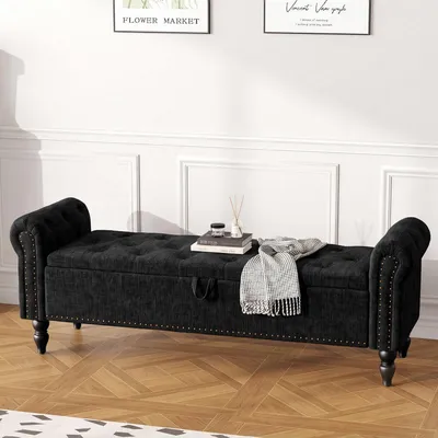 Image de Banc avec rangement, 160 cm, noir, revêtement en velours