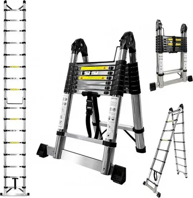 Produktbild von Teleskopleiter 5 Meter - Ausziehbare Leiter - Sichere Jobs - 2-in-1-Funktion - Gefaltet 0.92m - Weiß