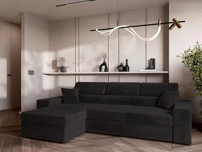 Image de AX LIVING Belek Canapé d'angle velours côtelé noir avec fonction sommeil 272 cm
