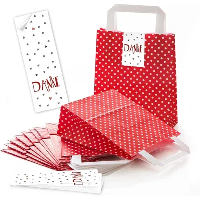 Produktbild von Logbuch-Verlag 25 rot weiß gepunktete Henkeltüten Papiertüten + 25 Banderolen zum Zukleben EIN HERZLICHES DANKESCHÖN weiß rosa Herz Geschenkverpackung DIY Gastgeschenk Give-Away"Danke" rote Herzen / 10 Stück