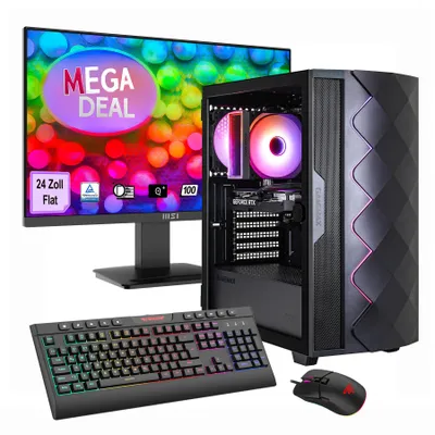 Produktbild von GAMEMAX Gaming-PC MegaDeal Diamond BK Komplett SET 2695 7795 Ryzen 5 5500 16GB RAM 1TB SSD RTX 5050 Windows 11 + MSI PRO MP2412 Monitor 60cm (24")
