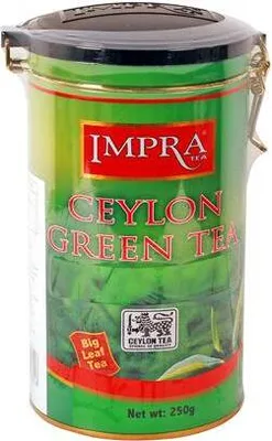 A green tin of IMPRA Ceylon Green Tea.