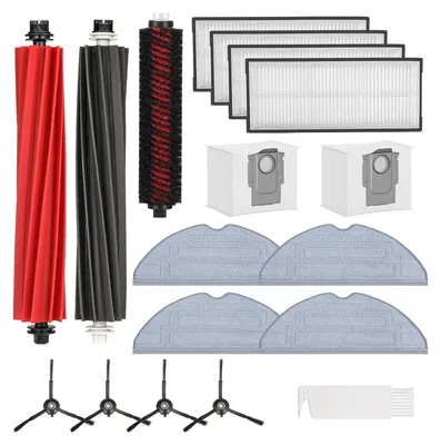 A collection of robotic vacuum cleaner accessories, including brushes, filters, cloths, and dust bags, arranged on a white background.