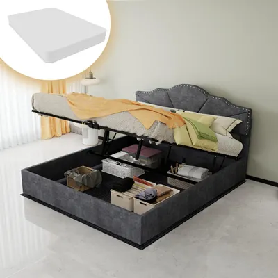 Zdjęcie produktu dla Łóżko tapicerowane 160x200 cm z materacem i pojemnikiem na pościel, z amortyzatorami gazowymi, tapicerowane zagłówkiem o geometrycznym wzorze, kolor szary