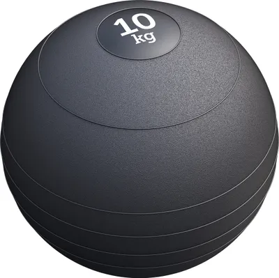 A black slam ball with '10 kg' marked on it, shown against a white background.